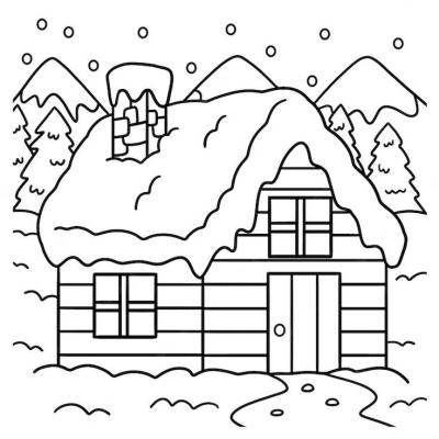 A charming black and white outline drawing of a cozy cottage in a snowy mountain winter scene, complete with falling snow and pine trees.