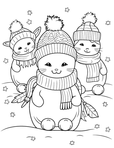 Three adorable cartoon cats wearing cozy winter hats with pom-poms and warm scarves, standing in a snowy scene with stars.