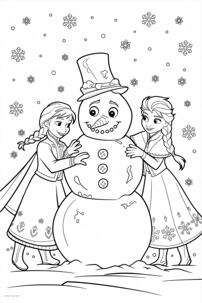 Anna and Elsa from Disney's Frozen building a cheerful snowman in a beautiful snowy winter scene with falling snowflakes.