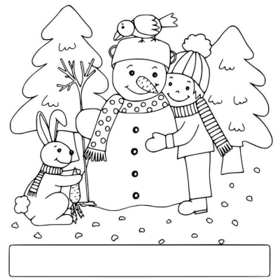 Happy child embraces a snowman. A rabbit holds a carrot, a bird sits on snowman's hat, surrounded by snow and winter trees.
