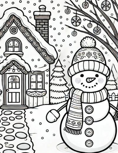 Black and white winter scene featuring a cheerful snowman, cozy snow-covered house, decorated tree, and falling snowflakes.