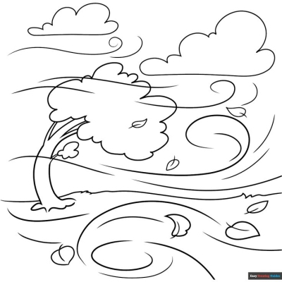 A cartoon drawing depicting a strong windy day, with a tree bending, leaves blowing, and clouds moving across the sky.