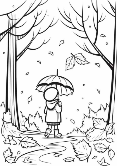Cartoon line art of a girl in a hooded coat and boots holding an umbrella, walking on a path with windy autumn leaves and bare trees.