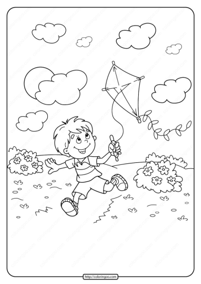 Outline drawing featuring a joyful boy running and flying a kite in a sunny park landscape with clouds and bushes.