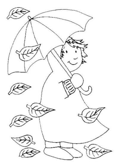 Outline drawing of a girl holding an umbrella on a windy autumn day with falling leaves, capturing a classic autumn scene.