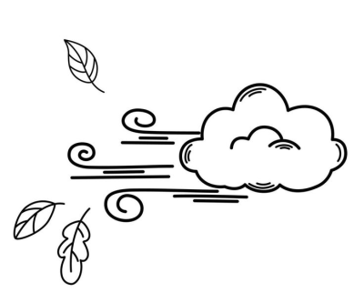 Simple line art illustration of a cloud with wind blowing autumn leaves, depicting windy weather during the fall season.