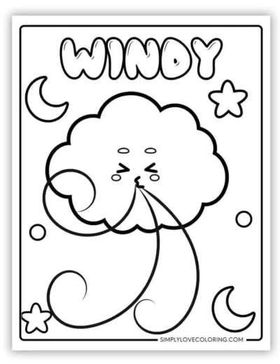 Cartoon outline of a friendly cloud blowing wind with 'WINDY' text, moons, and stars, ideal for kids' creative activities.