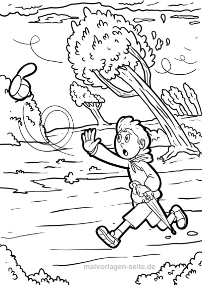 A black and white line art of a boy running after his hat, blown away by strong wind. He holds an umbrella, trees in background.