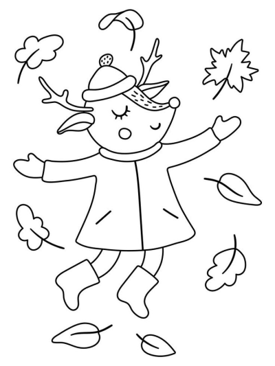 Outline illustration of a cute deer wearing a hat and coat, with outstretched arms, surrounded by autumn leaves blowing.