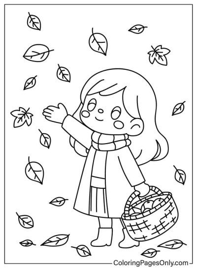 A cute cartoon girl in autumn attire with a scarf, reaching out to catch falling leaves while holding a basket of apples.