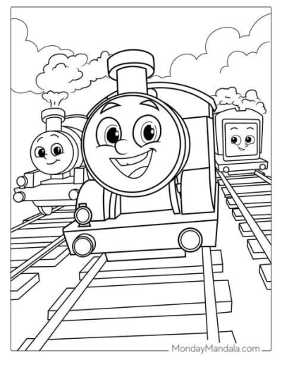 Three smiling cartoon trains are ready to be colored as they happily ride along the railroad tracks.