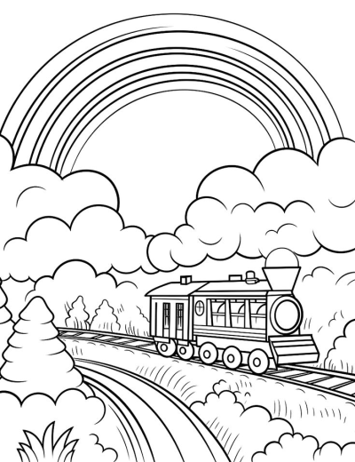 Outline drawing of a charming cartoon train on tracks, traveling through a scenic landscape with a magnificent rainbow and fluffy clouds.