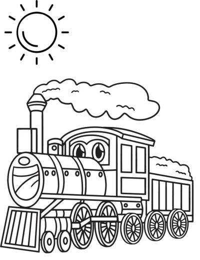 A cheerful cartoon train locomotive illustration with a happy face, puffing smoke, and pulling a coal car under a simple sun.
