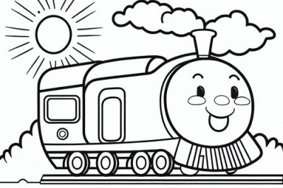 A cheerful cartoon train engine with a happy face, depicted in a black and white outline drawing, under a shining sun and clouds.