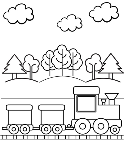 Outline of a train with two cars on tracks, passing by hills with trees, under a sky with clouds.