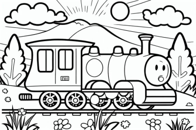 Cute cartoon train outline with a friendly face on tracks in a scenic landscape, featuring mountains, sun, clouds, trees, and flowers.