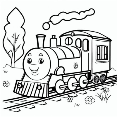 A cheerful cartoon steam train with a happy face chugs along tracks, emitting steam, with trees and flowers in the background.