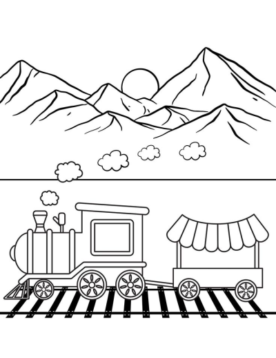 Black and white outline drawing of a classic train on railroad tracks, set against a majestic mountain landscape with a sun and clouds.