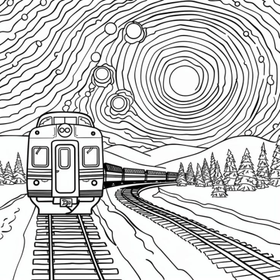 An illustration of a locomotive train on tracks winding through a mountainous landscape with trees under a stylized sky.
