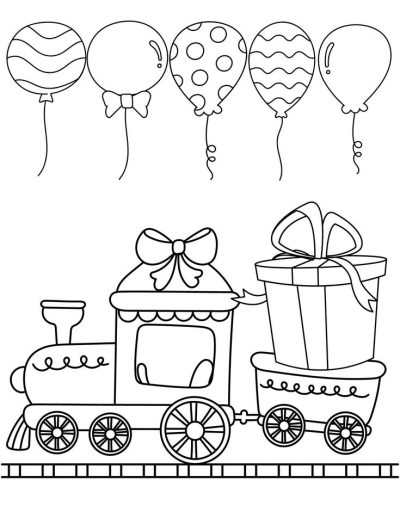 Outline drawing of a cute train engine pulling a car with a large present, topped with a bow, beneath five varied balloons.