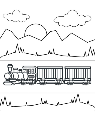 Vintage train illustration in a mountain landscape scene with a locomotive and two freight cars, sun, and clouds.