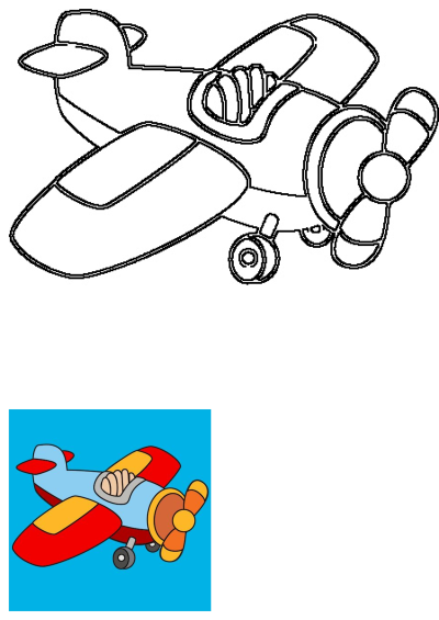 A fun cartoon airplane outline alongside its vibrant colored version, perfect for children to learn and enjoy.