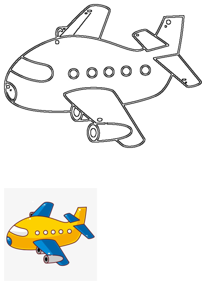A simple black and white outline cartoon illustration of an airplane. Features wings, tail, cockpit, and passenger windows.
