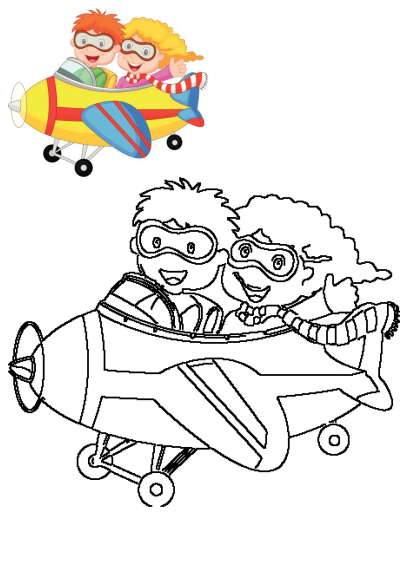 A cheerful cartoon boy and girl wearing pilot goggles flying a vibrant yellow airplane, alongside a black outline for creative coloring.