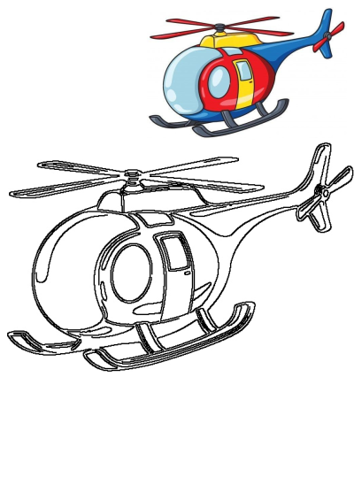 A vibrant cartoon helicopter in red, blue, and yellow with its distinct black outline drawing, suitable for children's activities.