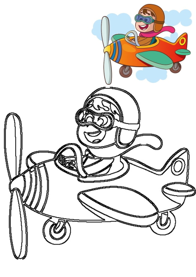 A vibrant image of a cartoon boy flying an airplane, shown alongside a black and white outline perfect for creative coloring activity.