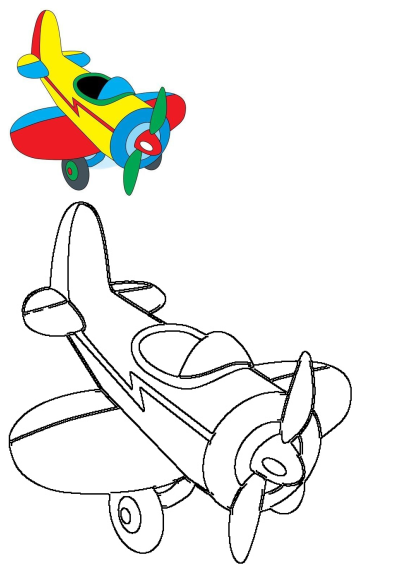 Vibrant cartoon airplane toy illustration with yellow, red, and blue colors, displayed next to its simple black line art outline.