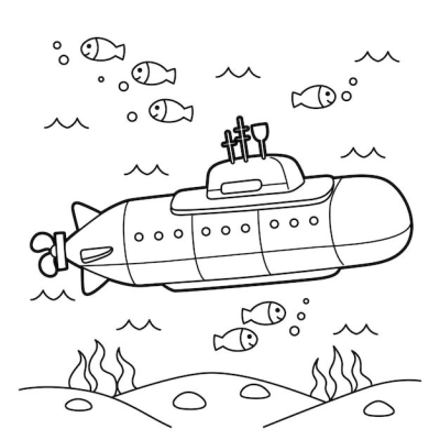 A cute cartoon submarine exploring the ocean depths, surrounded by playful fish, air bubbles, and waving seaweed on the seabed.