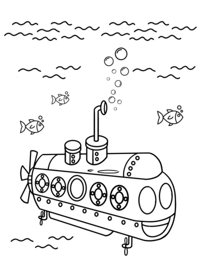 A whimsical cartoon submarine navigates the ocean depths, surrounded by playful fish and rising bubbles.