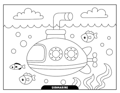 A cute cartoon submarine swims underwater amidst fish and seaweed. Simple black and white line art perfect for kids.