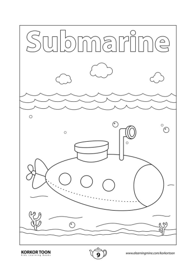 Cartoon Submarine Outline Underwater Scene Illustration, showing a sub with periscope, propeller, bubbles, and sea plants.