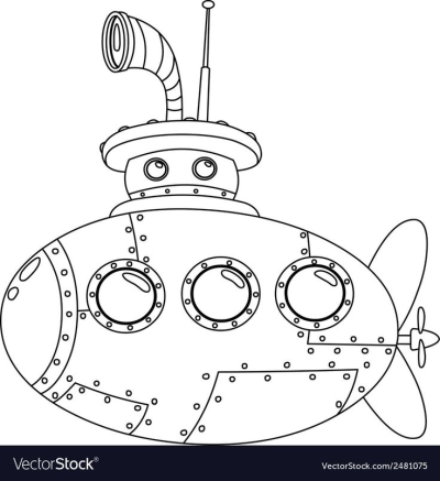 Simple black and white line art vector illustration of a cartoon submarine. Features a periscope, portholes, and propeller.