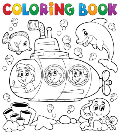 Outline of a submarine with happy kids exploring the ocean. They observe a friendly fish, a smiling dolphin, and a playful octopus.