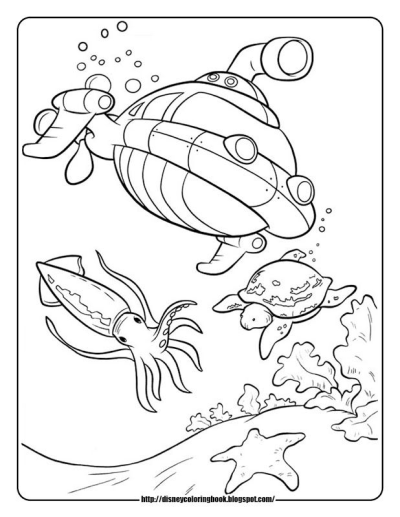 Outline illustration of a submarine, sea turtle, squid, and starfish with coral and bubbles in an ocean scene.