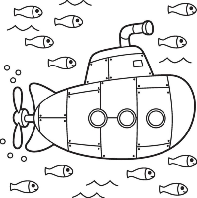 Outline drawing of a cute cartoon submarine with a periscope and propeller, exploring the underwater world with many small, friendly fish.