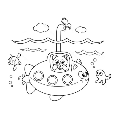 A playful cartoon submarine with a bear pilot exploring the ocean alongside a friendly turtle and octopus, with a bird on the periscope.