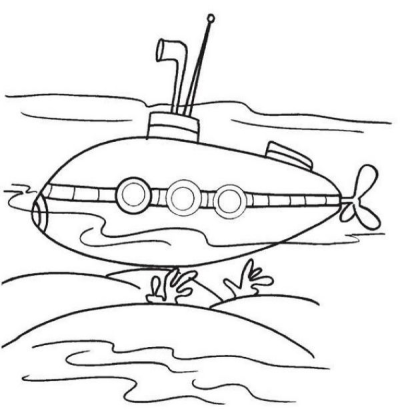 A simple black and white line drawing of a cartoon submarine submerged underwater, featuring portholes, periscope, and propeller.