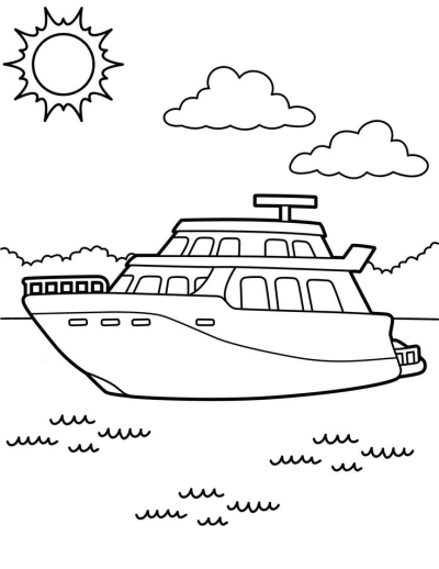 Simple line art illustration of a yacht cruising on the water, beneath a shining sun and scattered clouds.