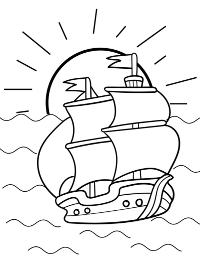 Simple black and white line art drawing featuring a sailing ship with two masts on wavy water, under a rising sun with rays.