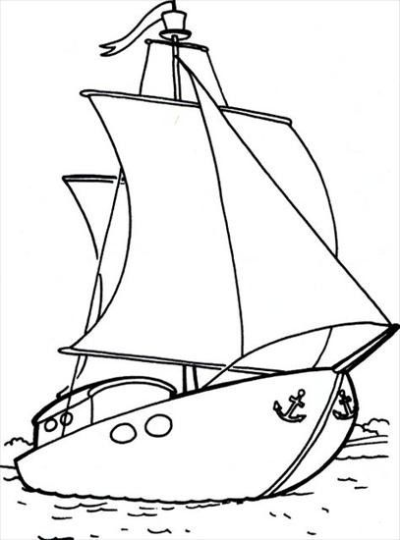 A simple line art cartoon sailboat ship drawing with large sails, an anchor on the bow, and a flag, suitable for kids' projects.