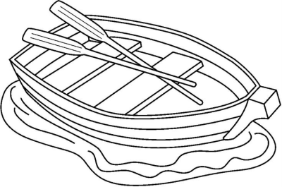 Black and white line art drawing of a classic wooden rowboat with two oars crossed inside, appearing to float on calm water.