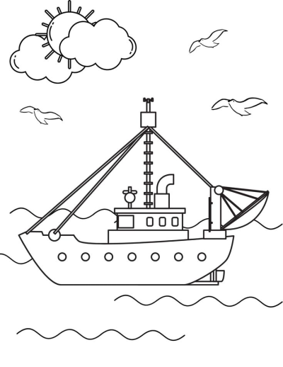Simple black and white line art of a fishing boat on waves, under a sunny sky with clouds and flying seagulls.