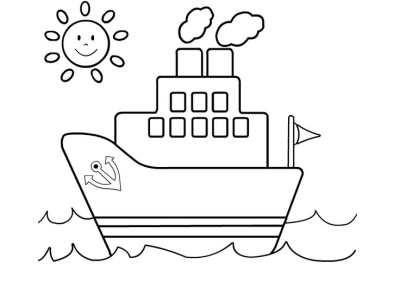 A simple cartoon drawing of a ship with an anchor, smokestacks, and a flag, sailing on the sea under a smiling sun.