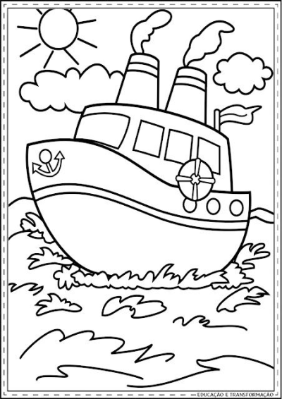 A black and white cartoon ship/boat sailing on ocean waves under a sunny sky with fluffy clouds. Features funnels, anchor & lifebuoy.