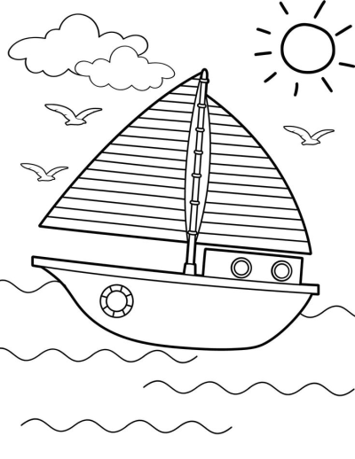 Outline drawing of a sailboat navigating the wavy sea beneath a shining sun and fluffy clouds, with seagulls in the sky.