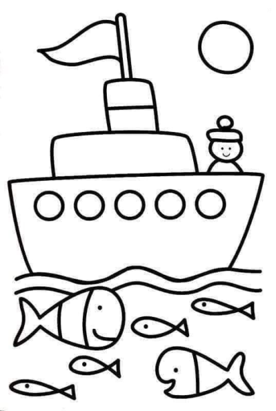 Cartoon ship and boat drawing on the ocean with a happy person, a flag, and various fish swimming below the waves.